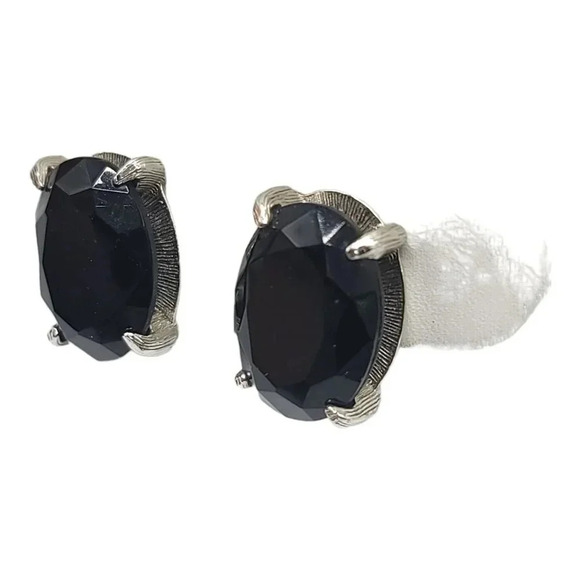 Large Black Oval Faceted Glass Rhinestone Silver Tone Clip On Earrings Vintage - Picture 3 of 6